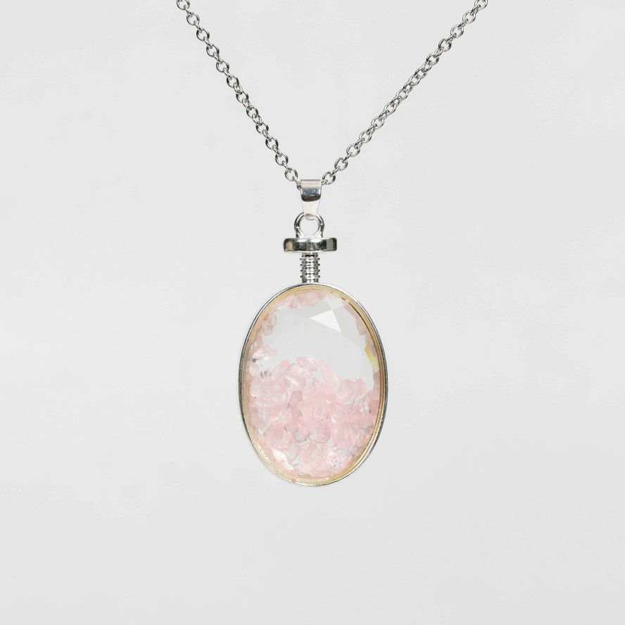 Crystal Chips In Oval Glass Pendant Necklace